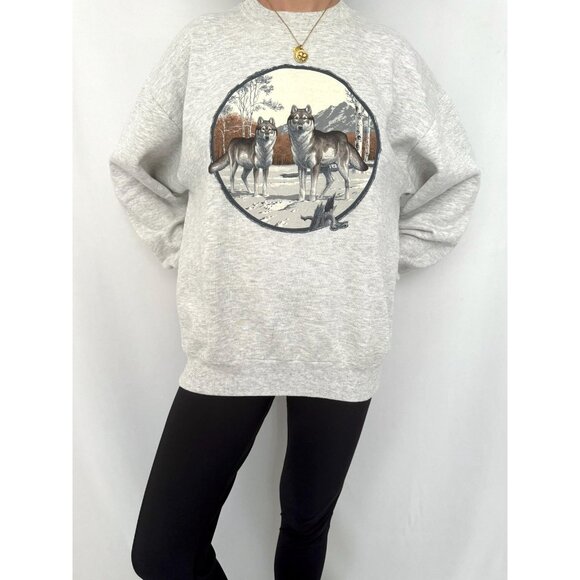 90s vintage grey unisex animal wolf nature graphic crewneck pullover sweater - Picture 2 of 10